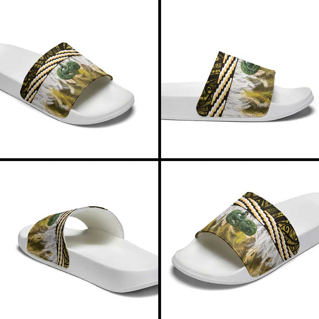 Yellow Traditional Cloak Aotearoa Slide Sandals Maori Paua Shell Korowai Pattern - Polynesian Pride