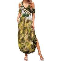 Yellow Traditional Cloak Aotearoa Summer Maxi Dress Maori Paua Shell Korowai Pattern