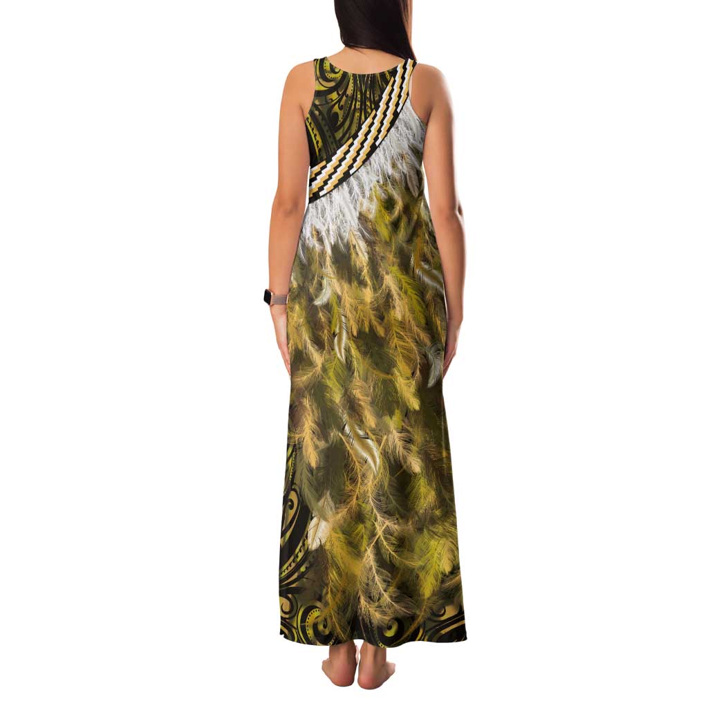 Yellow Traditional Cloak Aotearoa Tank Maxi Dress Maori Paua Shell Korowai Pattern