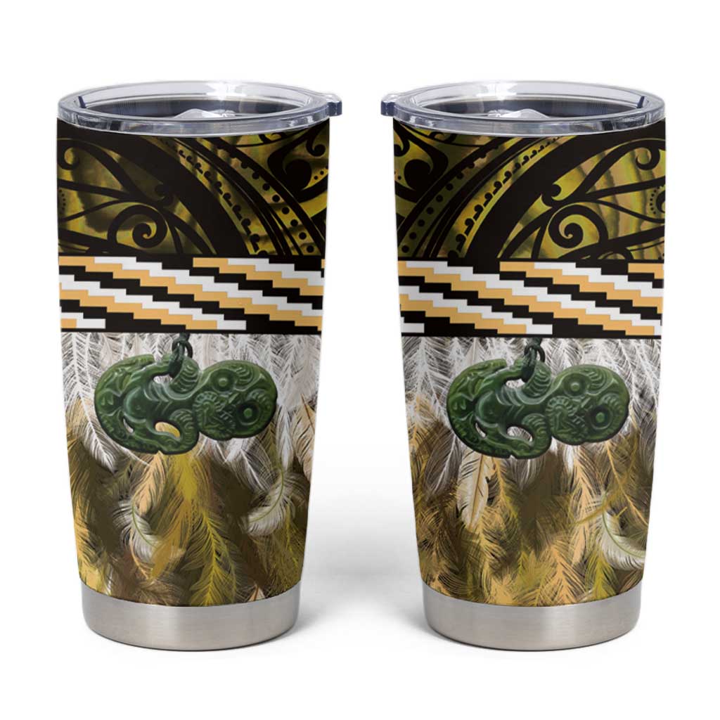 Yellow Traditional Cloak Aotearoa Tumbler Cup Maori Paua Shell Korowai Pattern