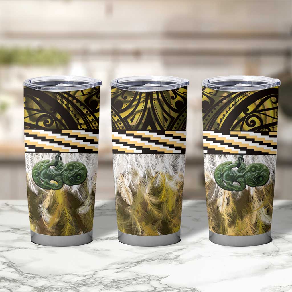 Yellow Traditional Cloak Aotearoa Tumbler Cup Maori Paua Shell Korowai Pattern