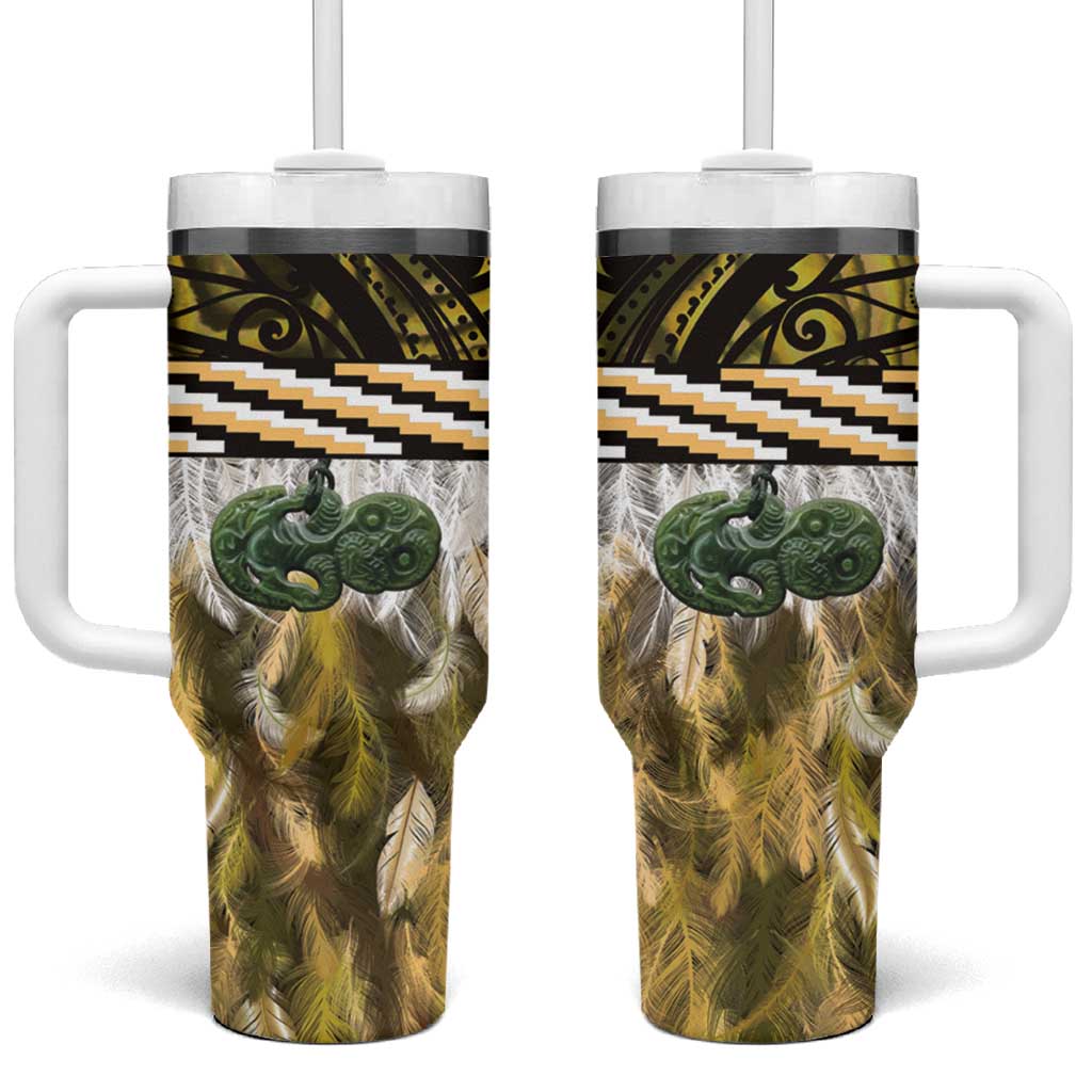 Yellow Traditional Cloak Aotearoa Tumbler With Handle Maori Paua Shell Korowai Pattern