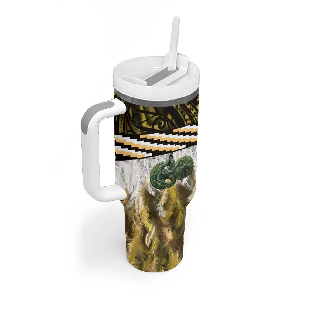 Yellow Traditional Cloak Aotearoa Tumbler With Handle Maori Paua Shell Korowai Pattern