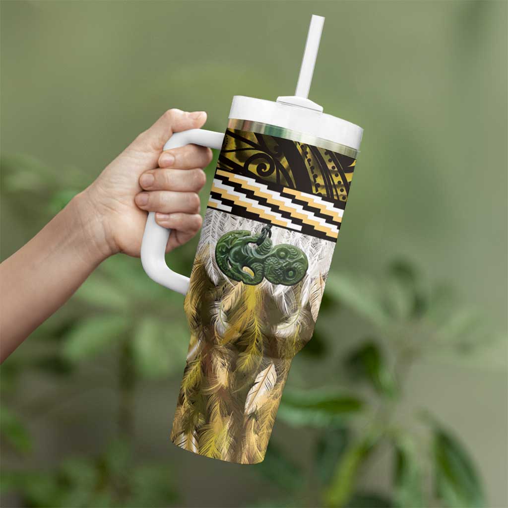 Yellow Traditional Cloak Aotearoa Tumbler With Handle Maori Paua Shell Korowai Pattern