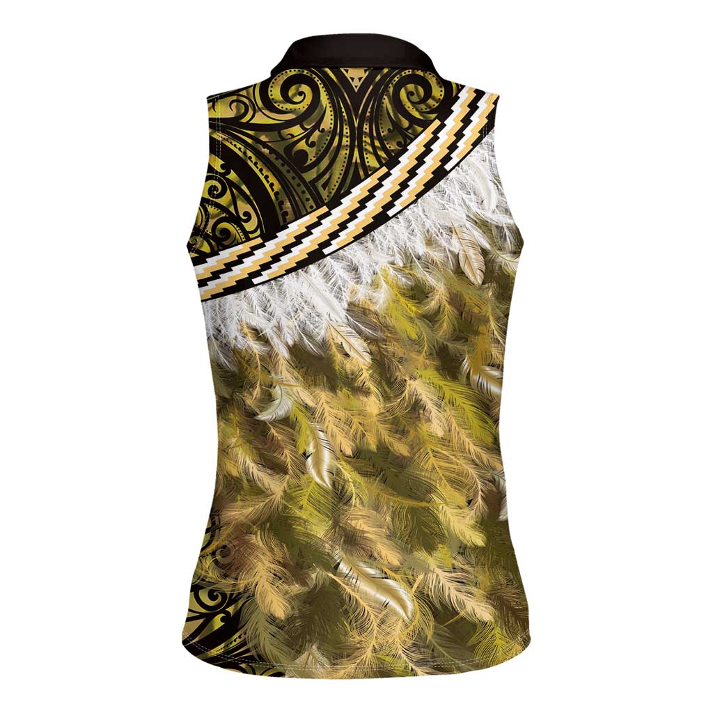 Yellow Traditional Cloak Aotearoa Women Sleeveless Polo Shirt Maori Paua Shell Korowai Pattern