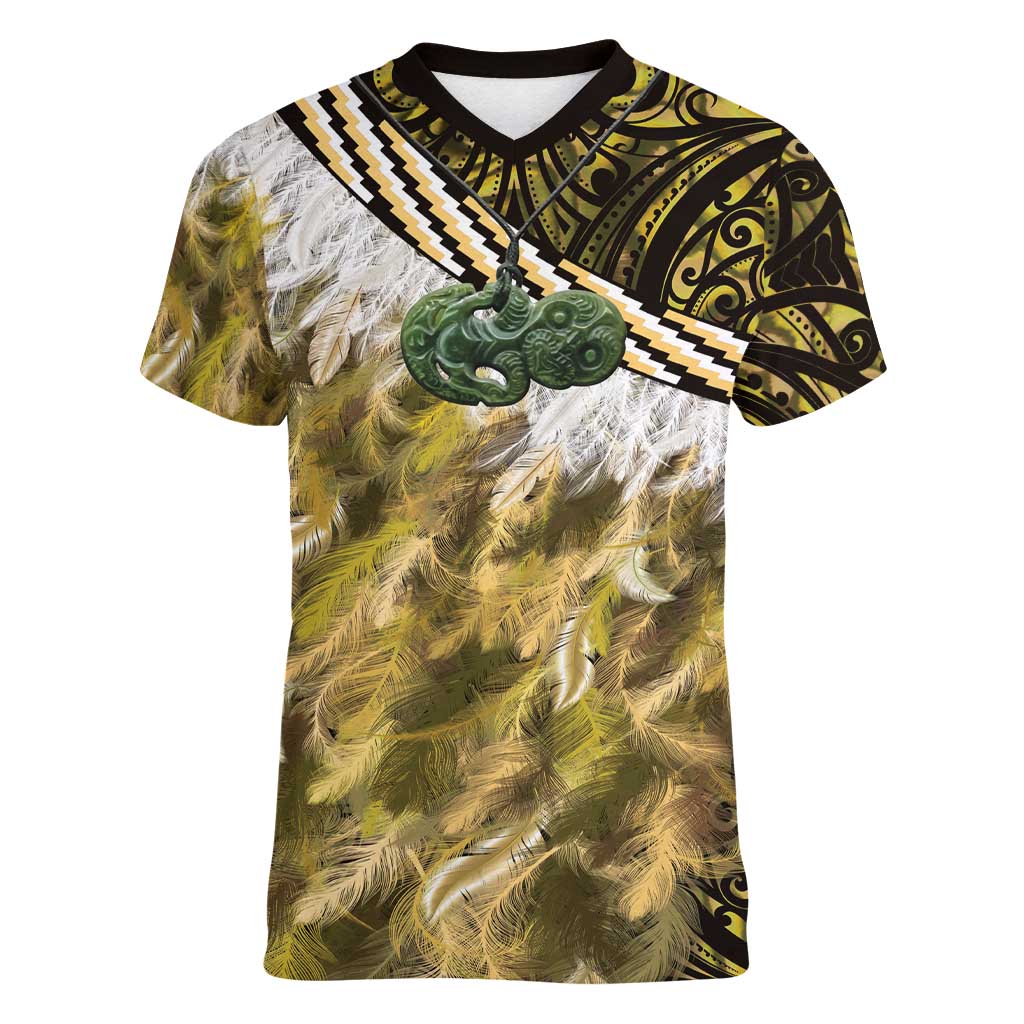 Yellow Traditional Cloak Aotearoa Women V-Neck T-Shirt Maori Paua Shell Korowai Pattern LT14 Female Yellow - Polynesian Pride