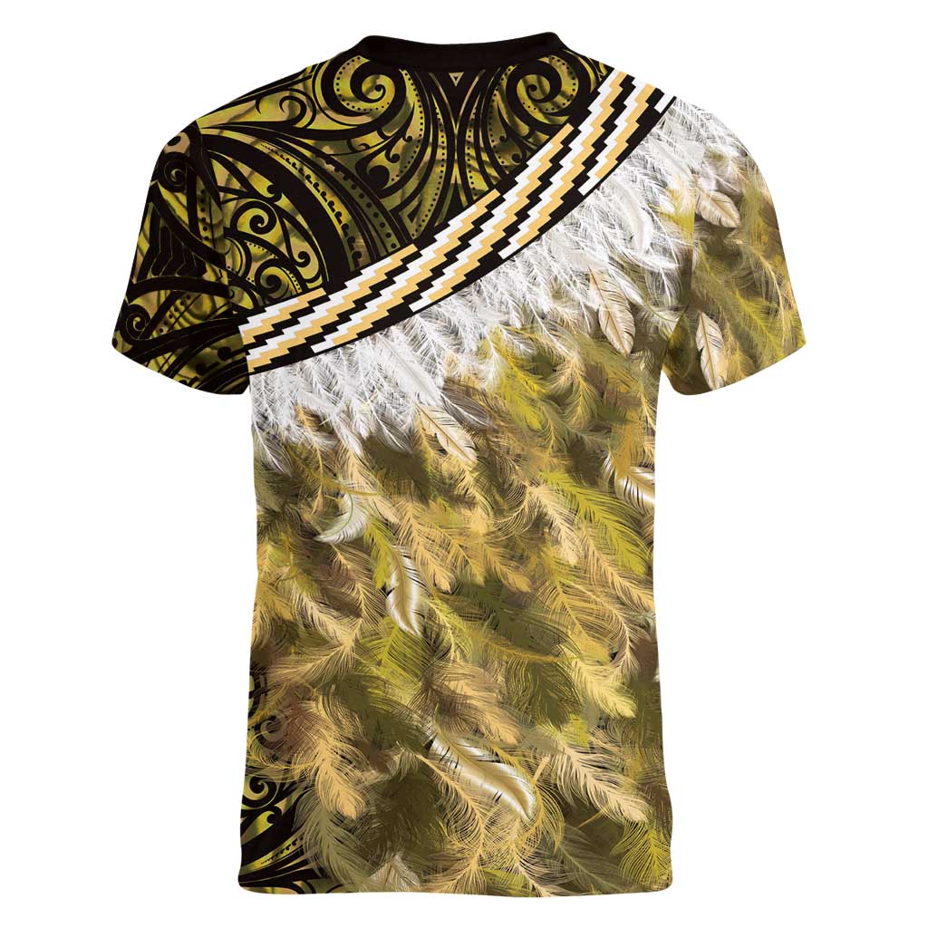 Yellow Traditional Cloak Aotearoa Women V-Neck T-Shirt Maori Paua Shell Korowai Pattern LT14 - Polynesian Pride