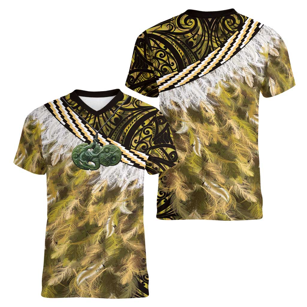 Yellow Traditional Cloak Aotearoa Women V-Neck T-Shirt Maori Paua Shell Korowai Pattern LT14 - Polynesian Pride