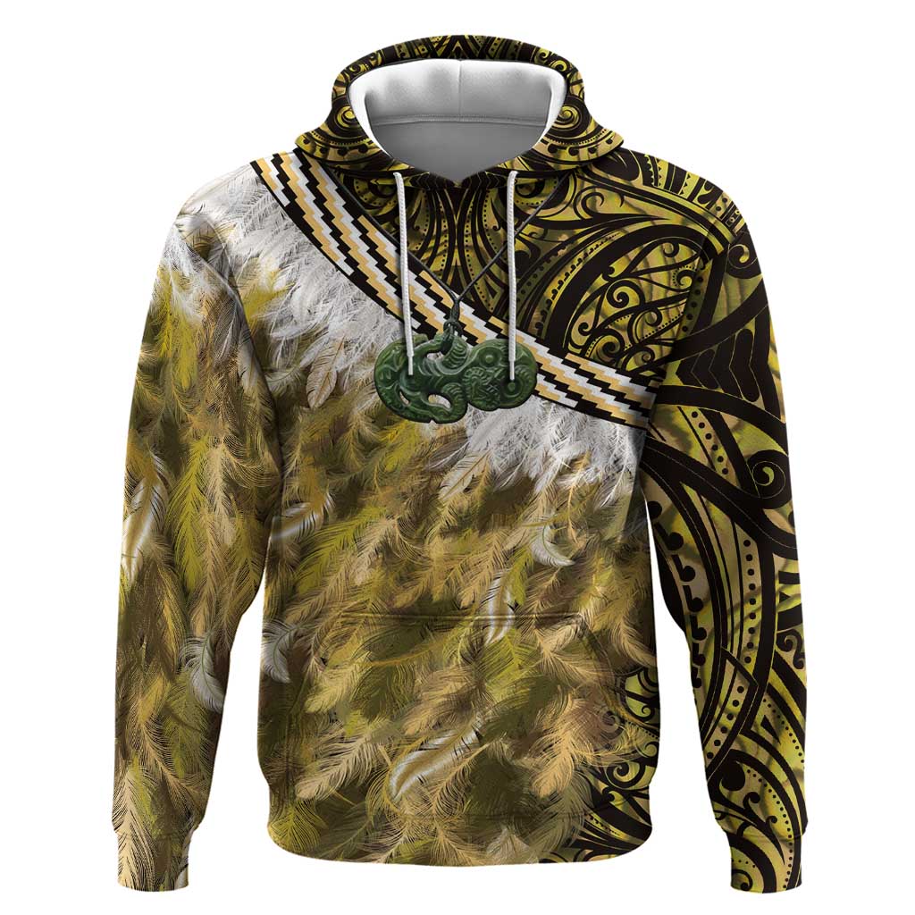 Yellow Traditional Cloak Aotearoa Zip Hoodie Maori Paua Shell Korowai Pattern