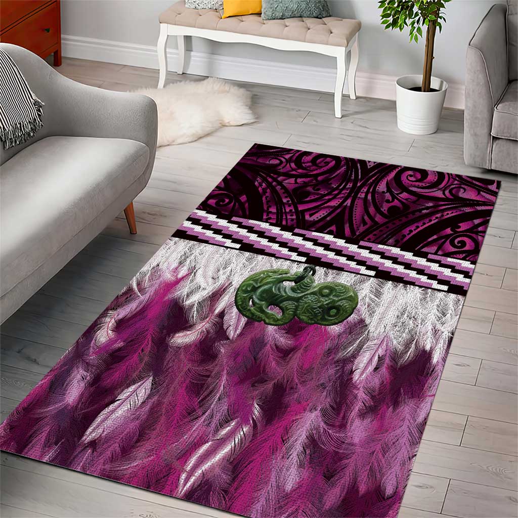 Pink Traditional Cloak Aotearoa Area Rug Maori Paua Shell Korowai Pattern