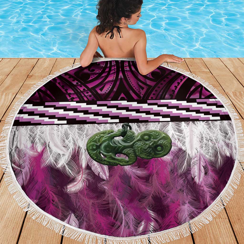 Pink Traditional Cloak Aotearoa Beach Blanket Maori Paua Shell Korowai Pattern