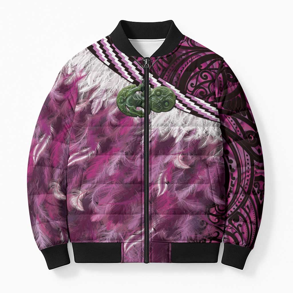 Pink Traditional Cloak Aotearoa Bomber Puffer Jacket Maori Paua Shell Korowai Pattern - Polynesian Pride
