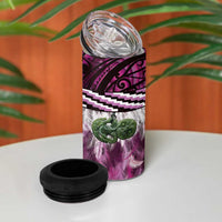 Pink Traditional Cloak Aotearoa 4 in 1 Can Cooler Tumbler Maori Paua Shell Korowai Pattern