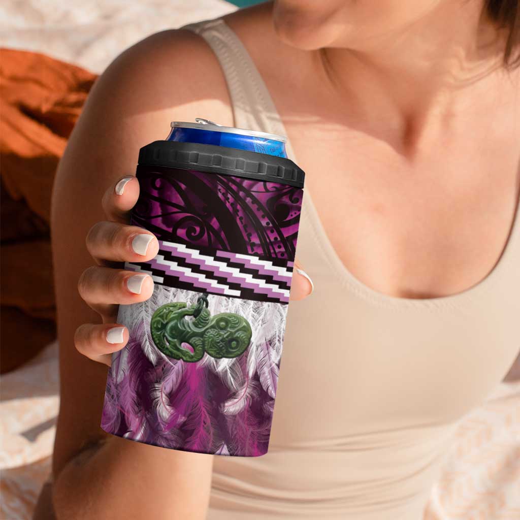 Pink Traditional Cloak Aotearoa 4 in 1 Can Cooler Tumbler Maori Paua Shell Korowai Pattern