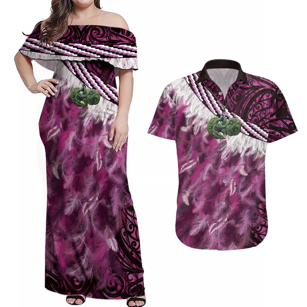 Pink Traditional Cloak Aotearoa Couples Matching Off Shoulder Maxi Dress and Hawaiian Shirt Maori Paua Shell Korowai Pattern