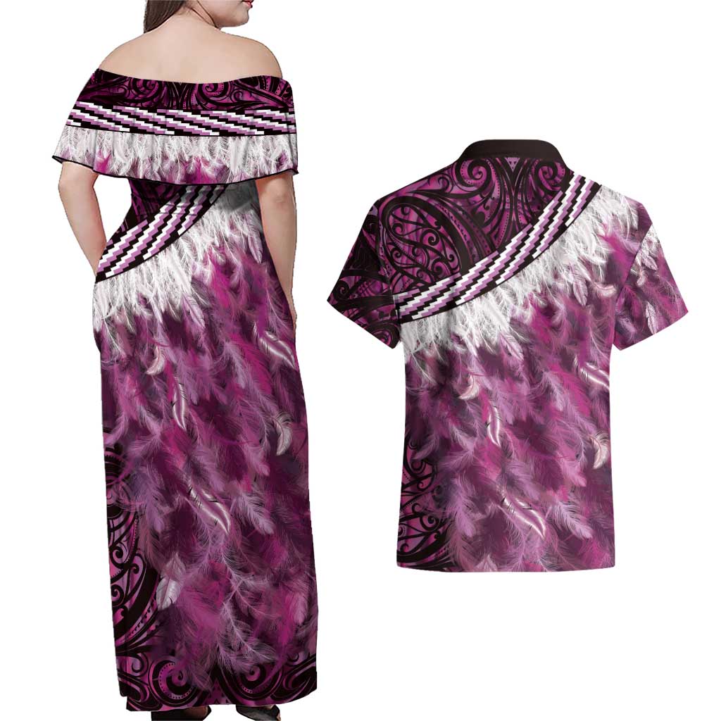 Pink Traditional Cloak Aotearoa Couples Matching Off Shoulder Maxi Dress and Hawaiian Shirt Maori Paua Shell Korowai Pattern