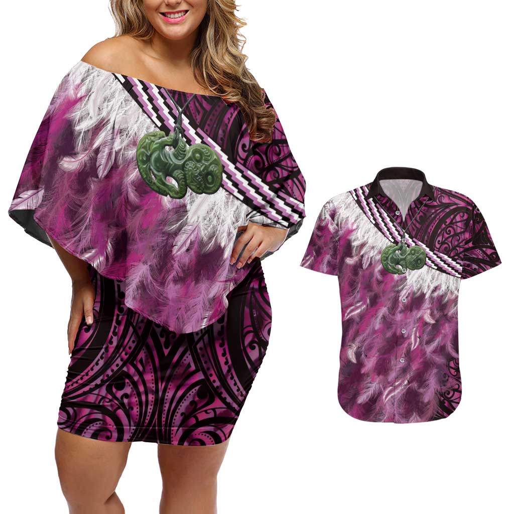 Pink Traditional Cloak Aotearoa Couples Matching Off Shoulder Short Dress and Hawaiian Shirt Maori Paua Shell Korowai Pattern