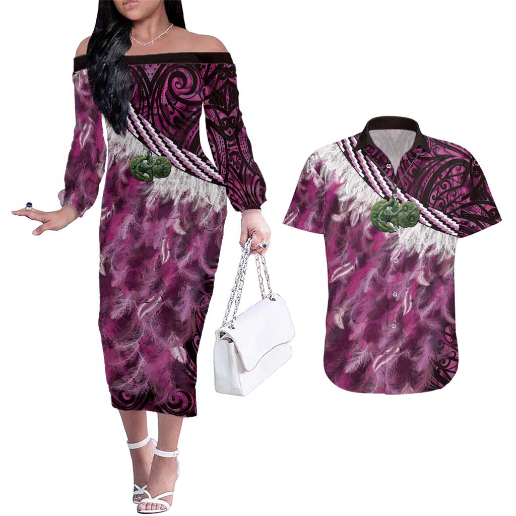 Pink Traditional Cloak Aotearoa Couples Matching Off The Shoulder Long Sleeve Dress and Hawaiian Shirt Maori Paua Shell Korowai Pattern