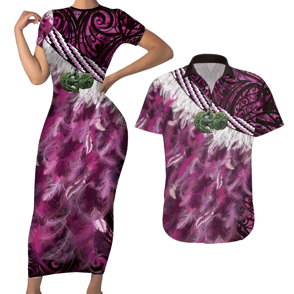 Pink Traditional Cloak Aotearoa Couples Matching Short Sleeve Bodycon Dress and Hawaiian Shirt Maori Paua Shell Korowai Pattern