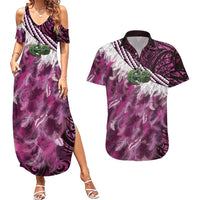 Pink Traditional Cloak Aotearoa Couples Matching Summer Maxi Dress and Hawaiian Shirt Maori Paua Shell Korowai Pattern