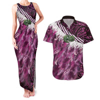 Pink Traditional Cloak Aotearoa Couples Matching Tank Maxi Dress and Hawaiian Shirt Maori Paua Shell Korowai Pattern