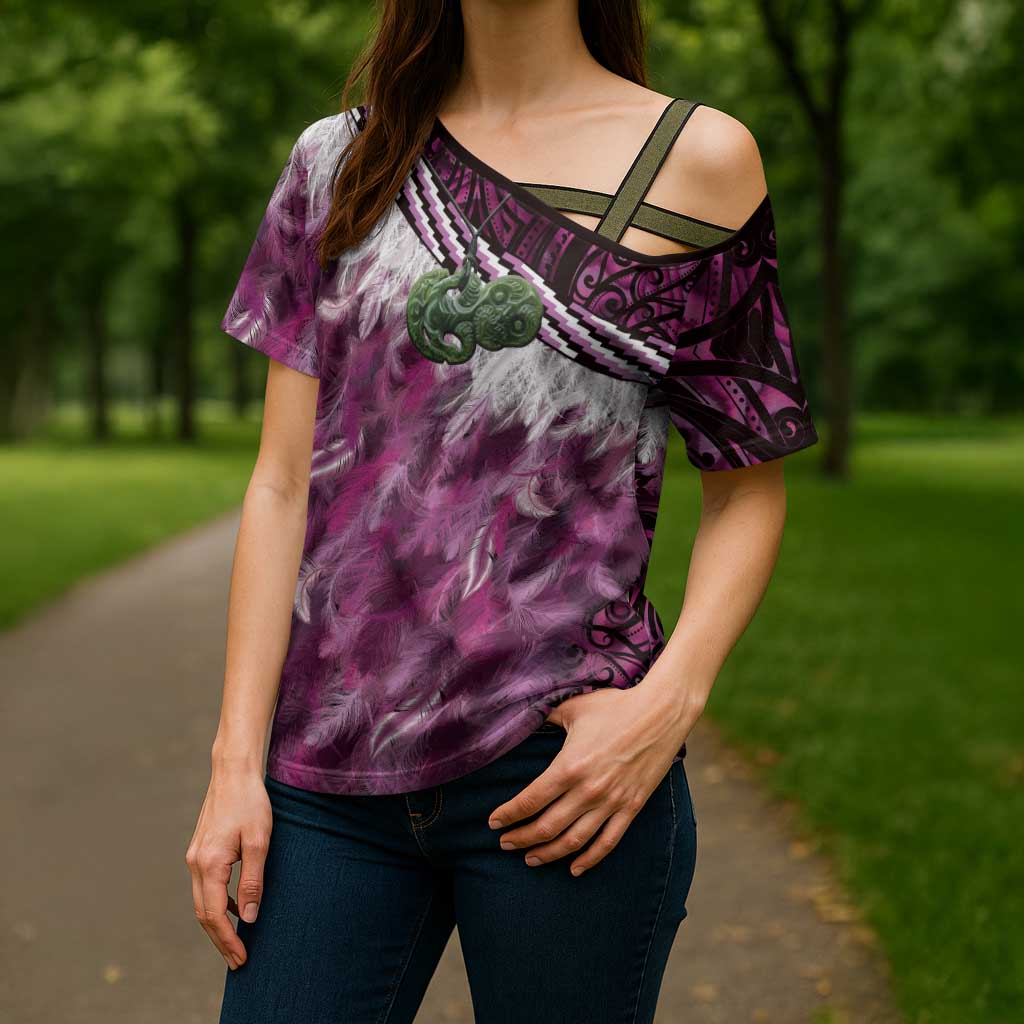 Pink Traditional Cloak Aotearoa Cross Shoulder Shirt Maori Paua Shell Korowai Pattern - Polynesian Pride