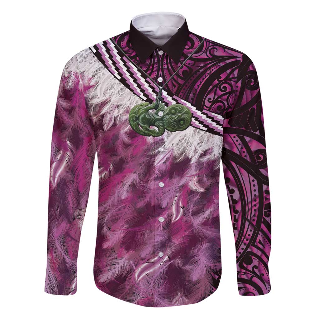Pink Traditional Cloak Aotearoa Family Matching Long Sleeve Bodycon Dress and Hawaiian Shirt Maori Paua Shell Korowai Pattern