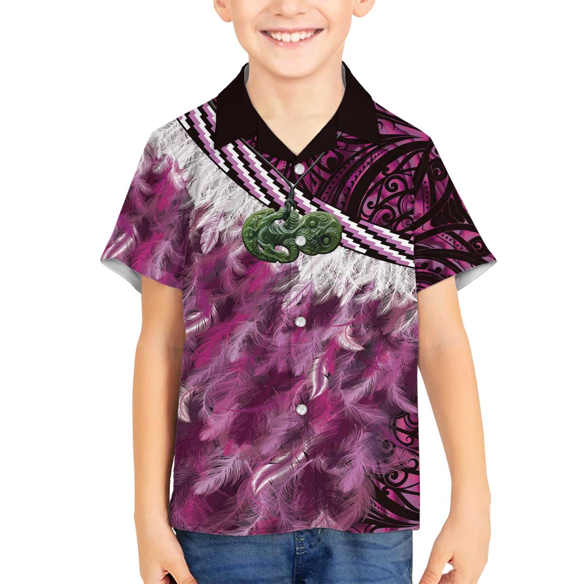 Pink Traditional Cloak Aotearoa Family Matching Off The Shoulder Long Sleeve Dress and Hawaiian Shirt Maori Paua Shell Korowai Pattern