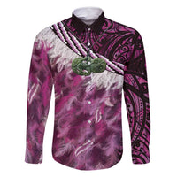 Pink Traditional Cloak Aotearoa Family Matching Off Shoulder Short Dress and Hawaiian Shirt Maori Paua Shell Korowai Pattern