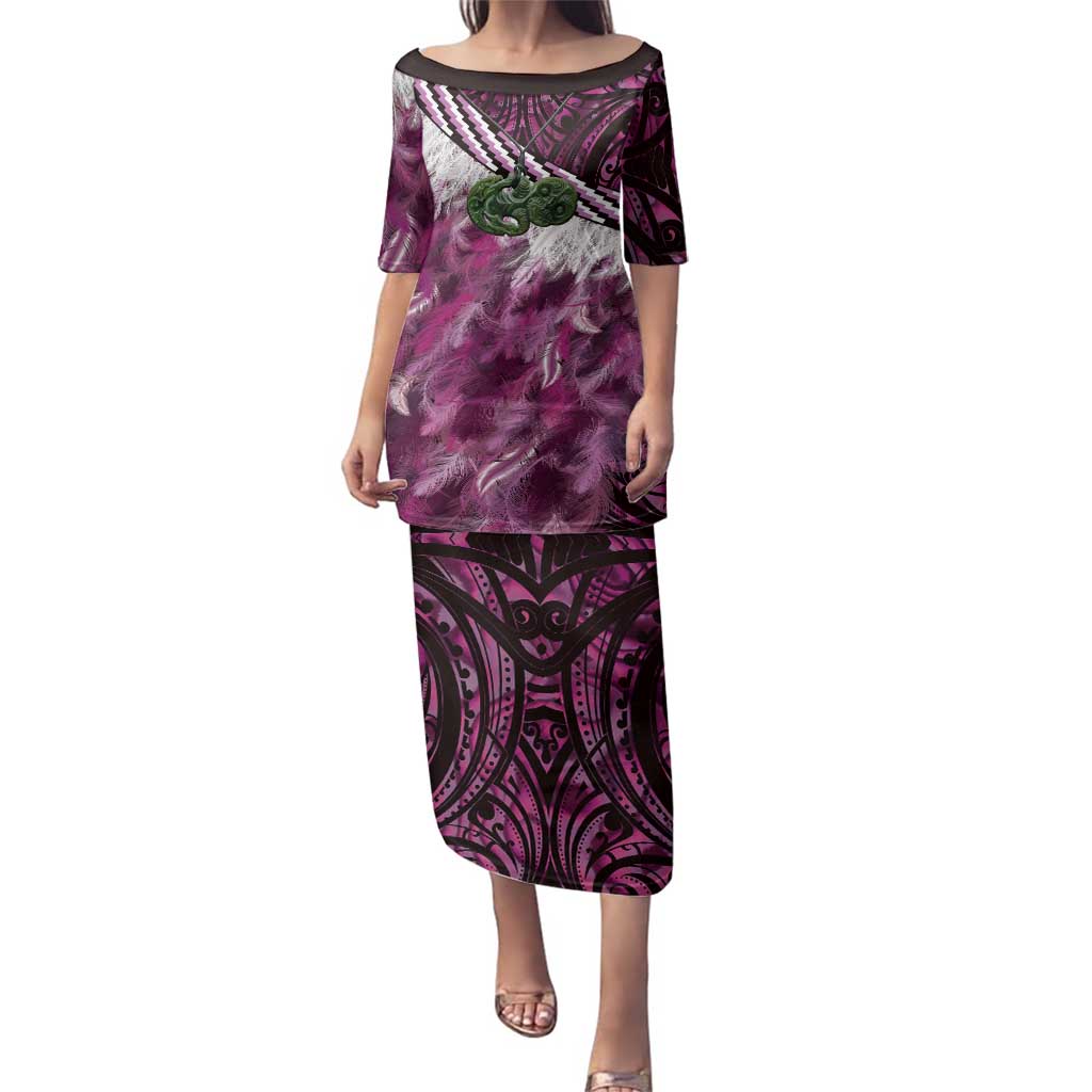 Pink Traditional Cloak Aotearoa Family Matching Puletasi and Hawaiian Shirt Maori Paua Shell Korowai Pattern