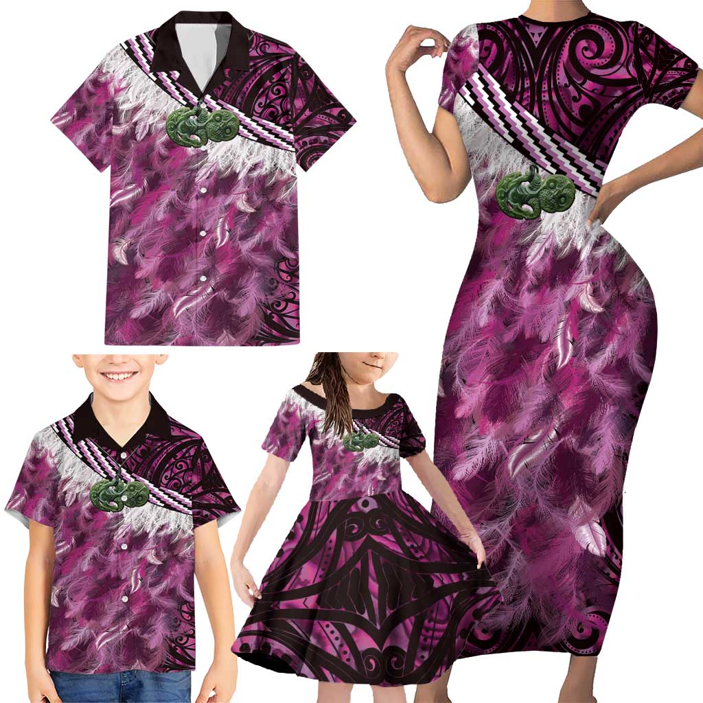 Pink Traditional Cloak Aotearoa Family Matching Short Sleeve Bodycon Dress and Hawaiian Shirt Maori Paua Shell Korowai Pattern