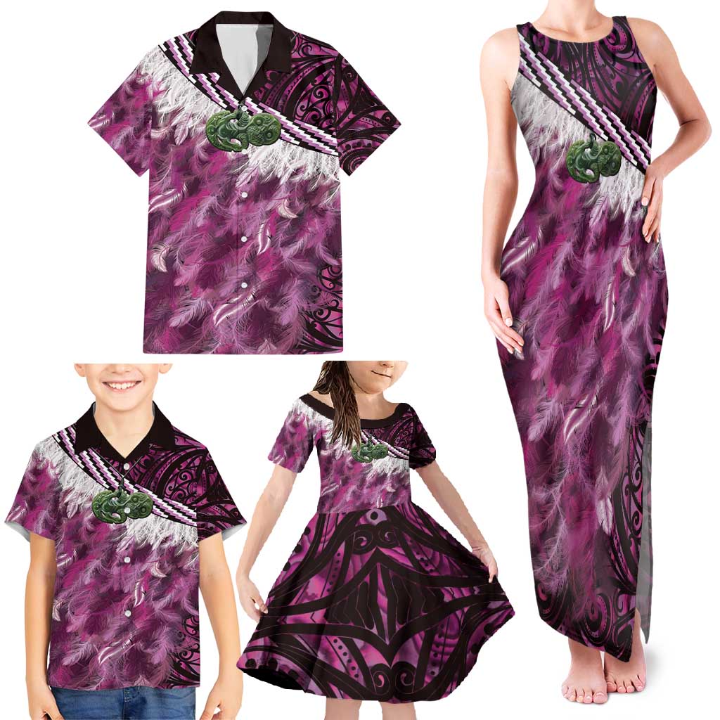 Pink Traditional Cloak Aotearoa Family Matching Tank Maxi Dress and Hawaiian Shirt Maori Paua Shell Korowai Pattern