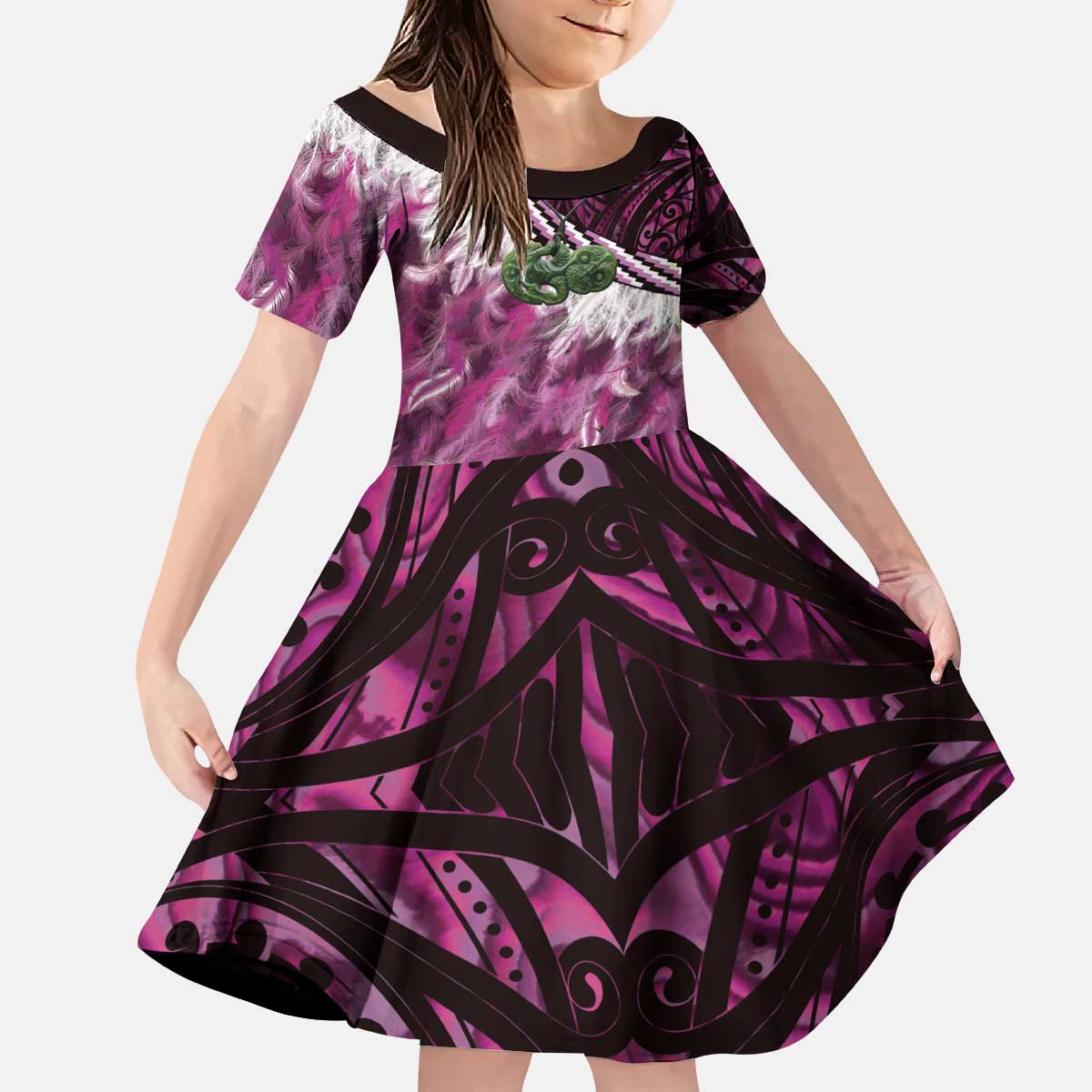 Pink Traditional Cloak Aotearoa Kid Short Sleeve Dress Maori Paua Shell Korowai Pattern LT14 KID Pink - Polynesian Pride