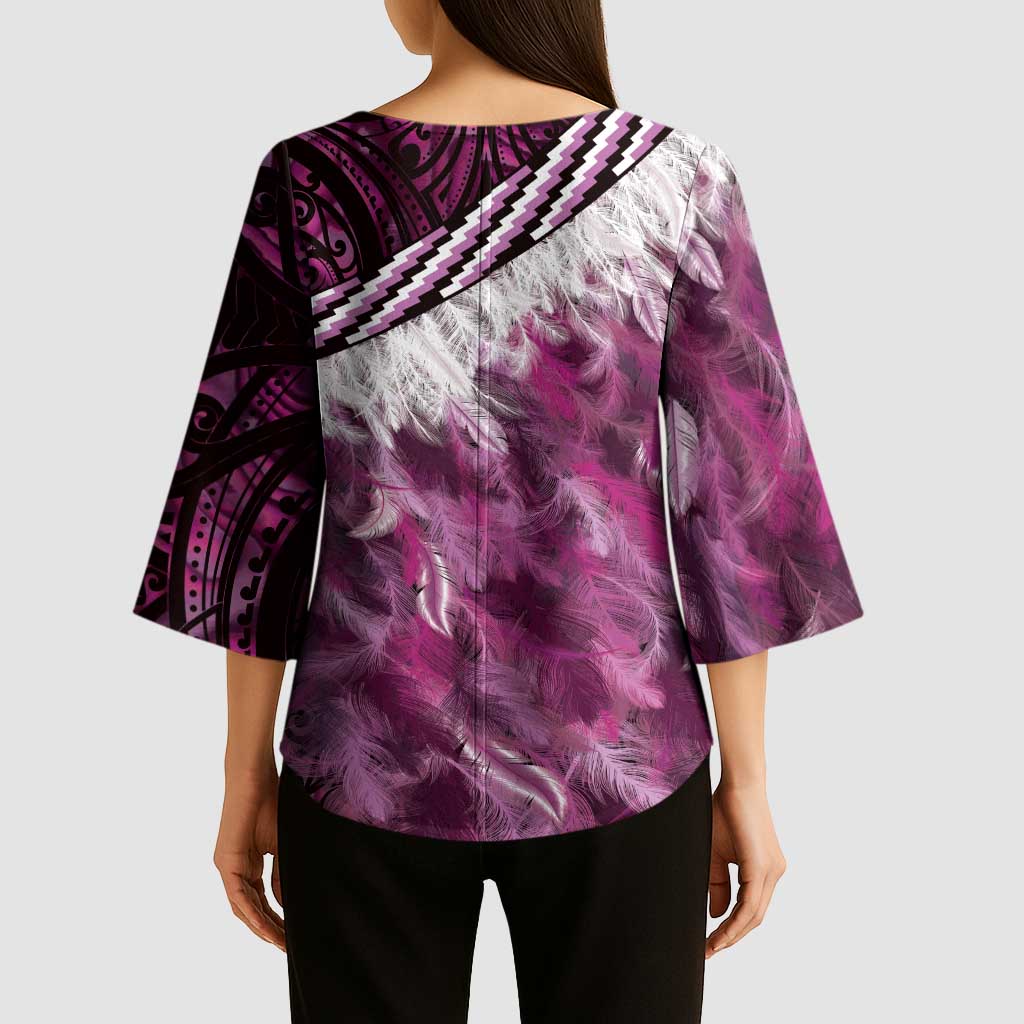 Pink Traditional Cloak Aotearoa Kimono Sleeve Blouse Maori Paua Shell Korowai Pattern - Polynesian Pride