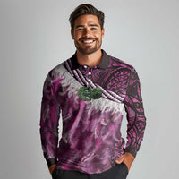 Pink Traditional Cloak Aotearoa Long Sleeve Polo Shirt Maori Paua Shell Korowai Pattern