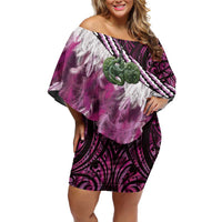 Pink Traditional Cloak Aotearoa Off Shoulder Short Dress Maori Paua Shell Korowai Pattern