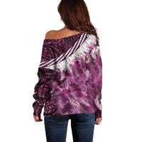 Pink Traditional Cloak Aotearoa Off Shoulder Sweater Maori Paua Shell Korowai Pattern
