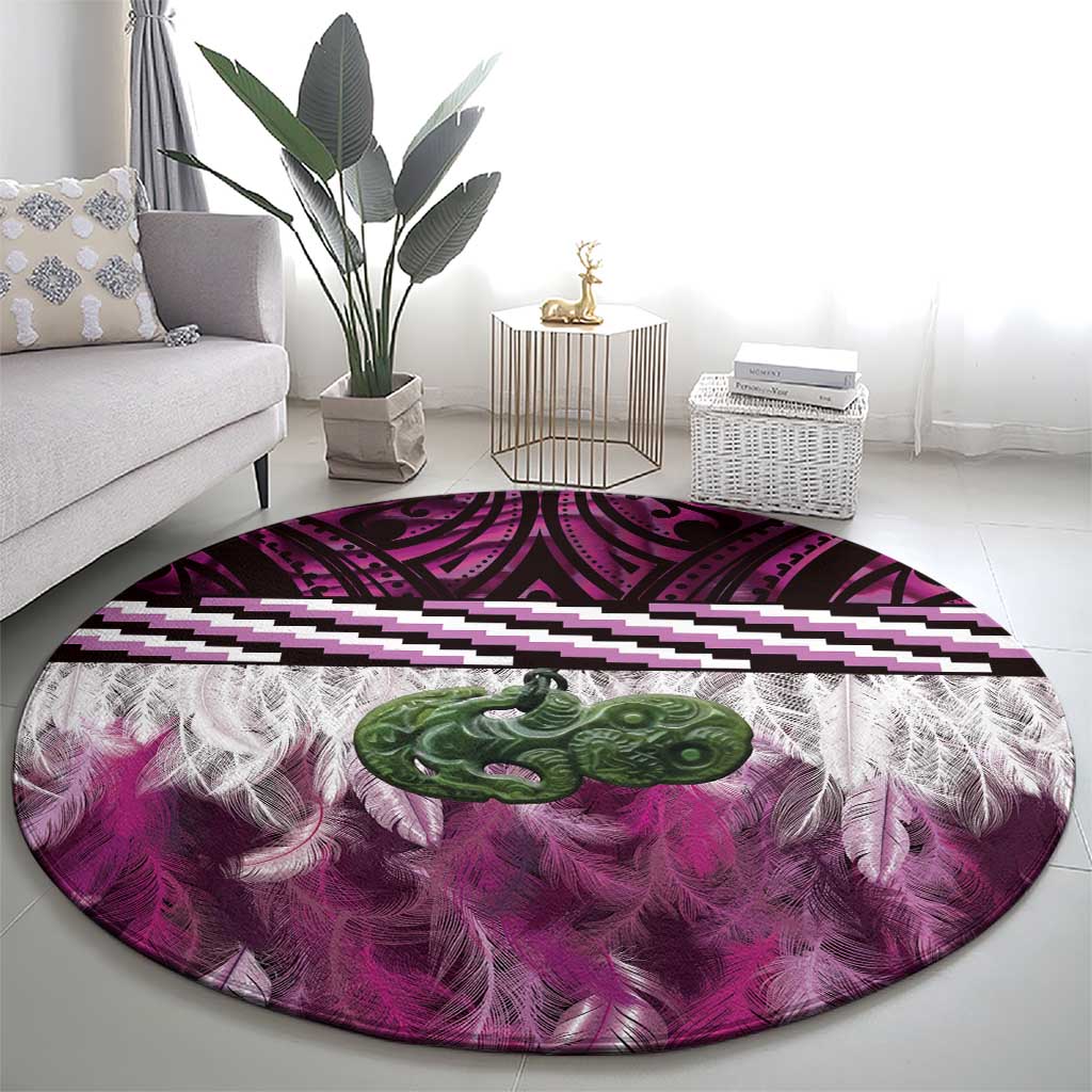 Pink Traditional Cloak Aotearoa Round Carpet Maori Paua Shell Korowai Pattern