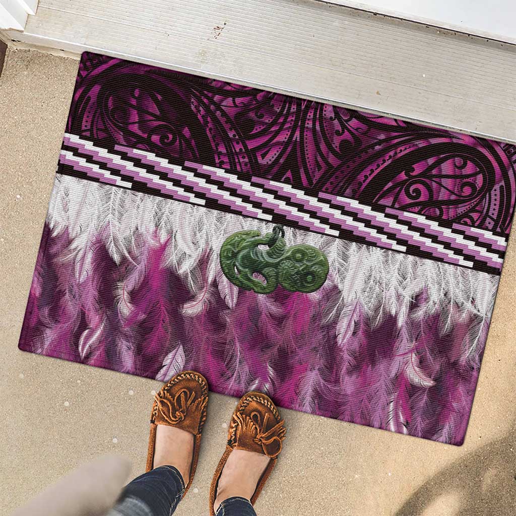 Pink Traditional Cloak Aotearoa Rubber Doormat Maori Paua Shell Korowai Pattern