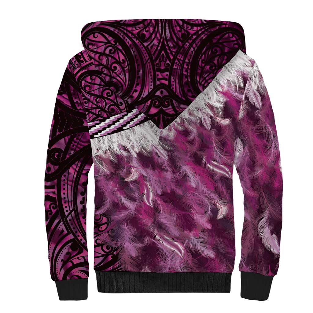 Pink Traditional Cloak Aotearoa Sherpa Hoodie Maori Paua Shell Korowai Pattern