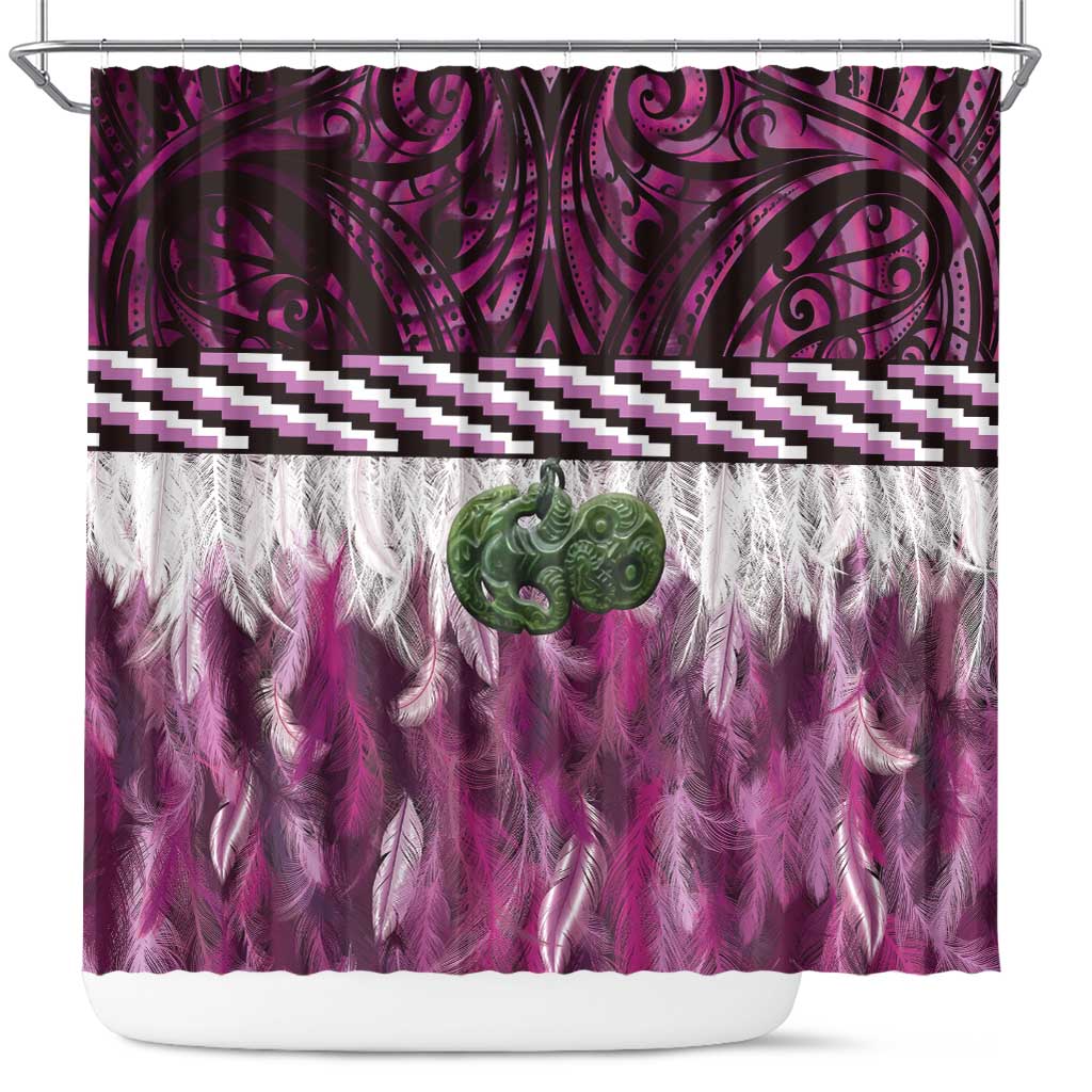 Pink Traditional Cloak Aotearoa Shower Curtain Maori Paua Shell Korowai Pattern