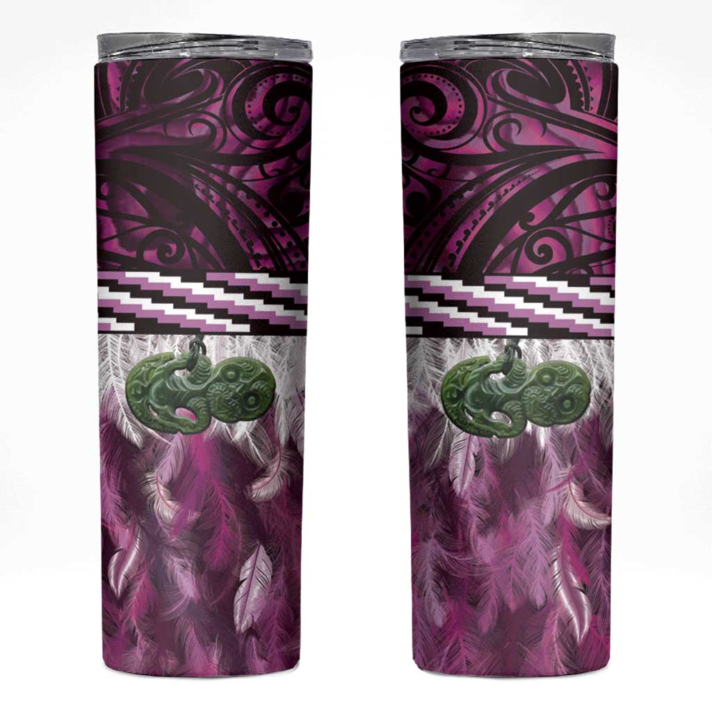 Pink Traditional Cloak Aotearoa Skinny Tumbler Maori Paua Shell Korowai Pattern