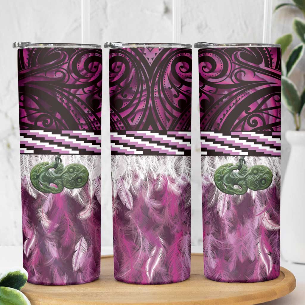 Pink Traditional Cloak Aotearoa Skinny Tumbler Maori Paua Shell Korowai Pattern