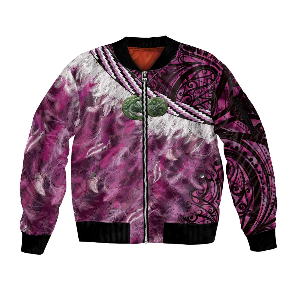 Pink Traditional Cloak Aotearoa Sleeve Zip Bomber Jacket Maori Paua Shell Korowai Pattern