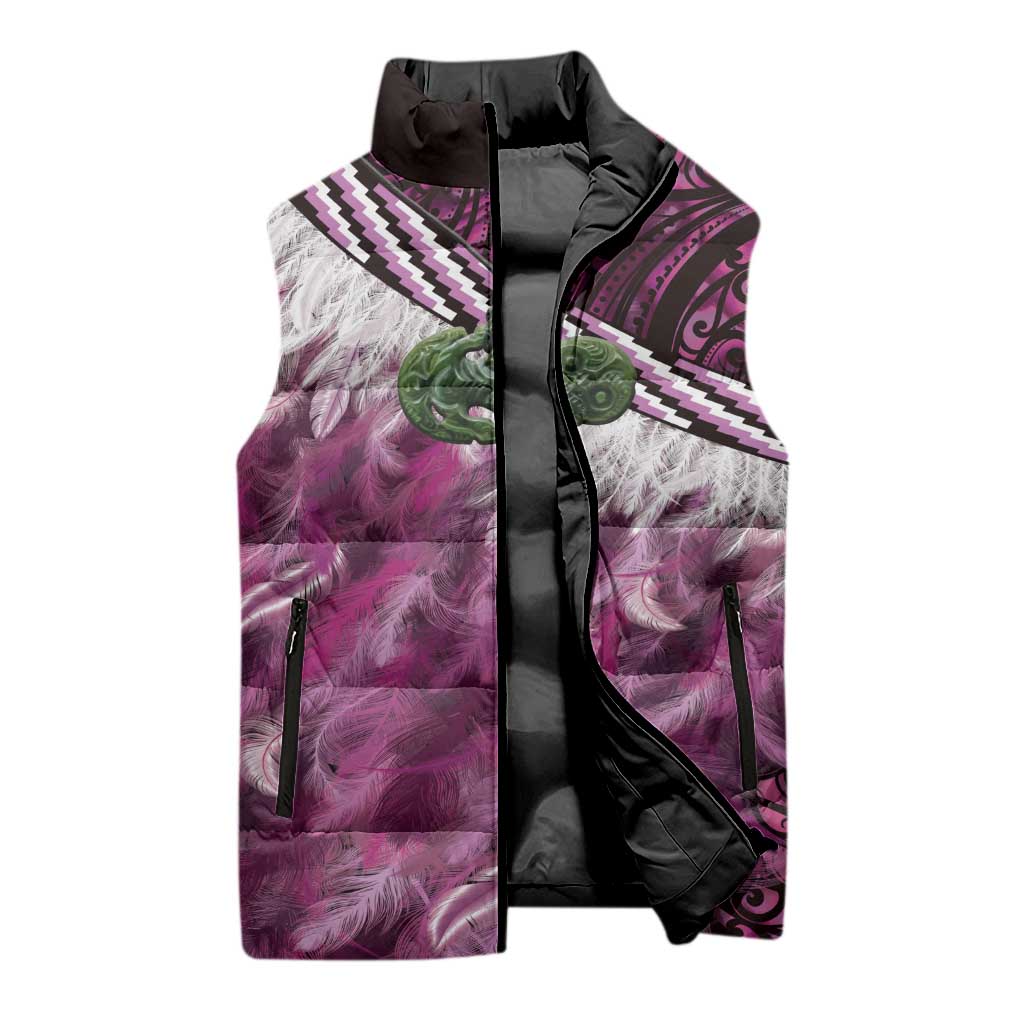 Pink Traditional Cloak Aotearoa Sleeveless Puffer Jacket Maori Paua Shell Korowai Pattern - Polynesian Pride