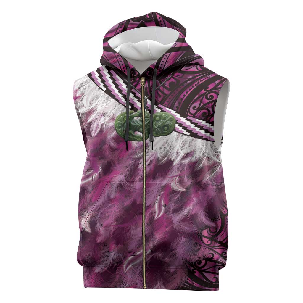 Pink Traditional Cloak Aotearoa Sleeveless Zip Hoodie Maori Paua Shell Korowai Pattern - Polynesian Pride