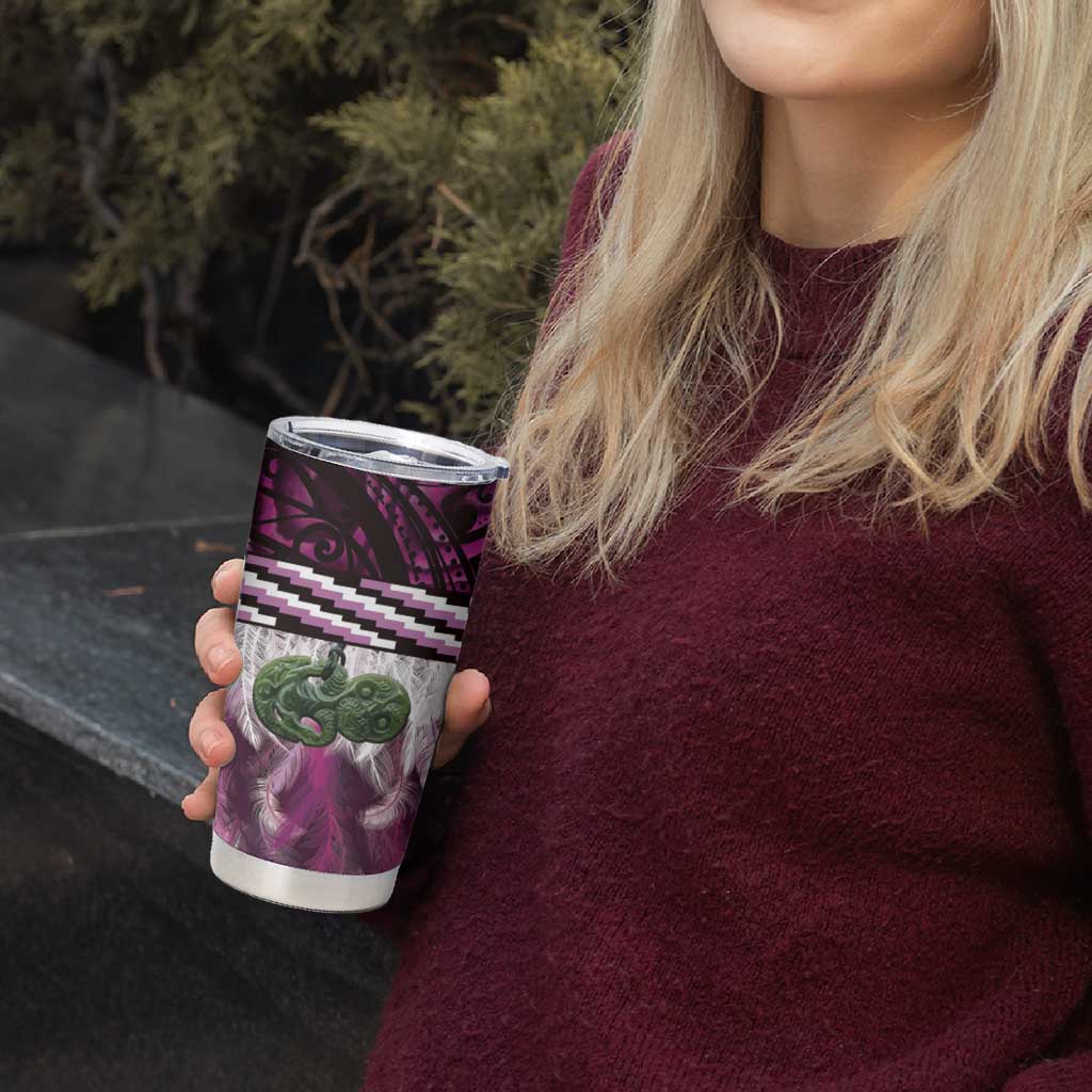 Pink Traditional Cloak Aotearoa Tumbler Cup Maori Paua Shell Korowai Pattern