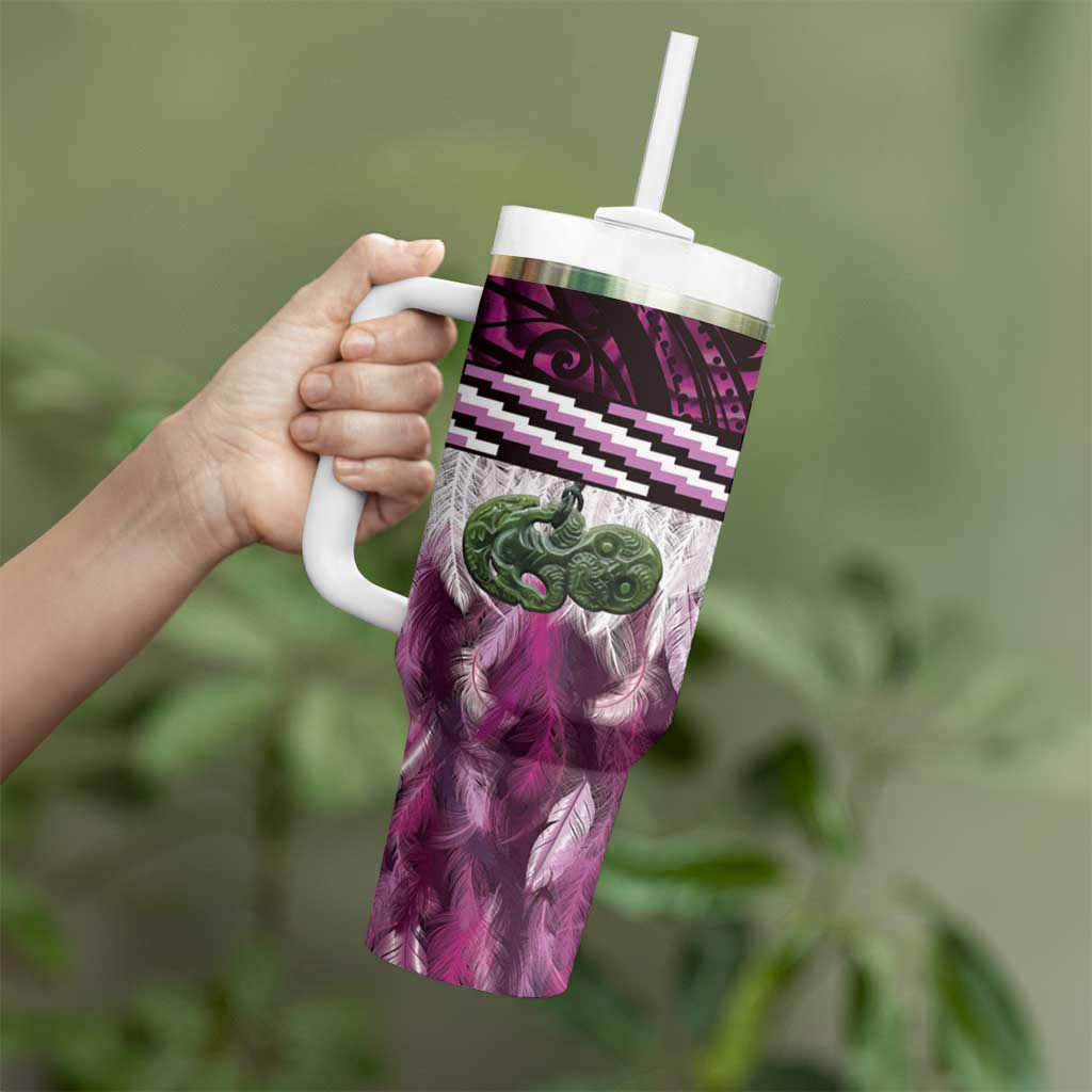 Pink Traditional Cloak Aotearoa Tumbler With Handle Maori Paua Shell Korowai Pattern