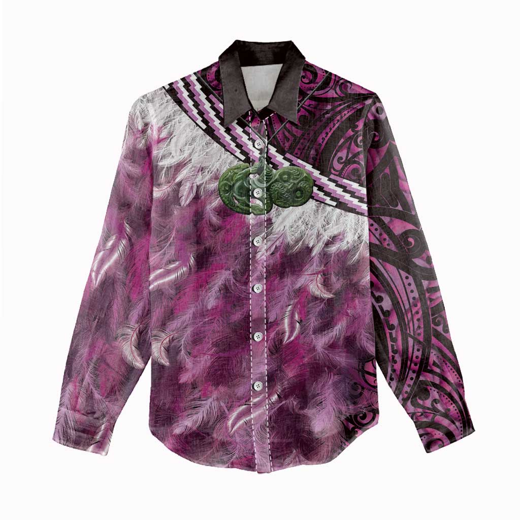 Pink Traditional Cloak Aotearoa Women Casual Shirt Maori Paua Shell Korowai Pattern