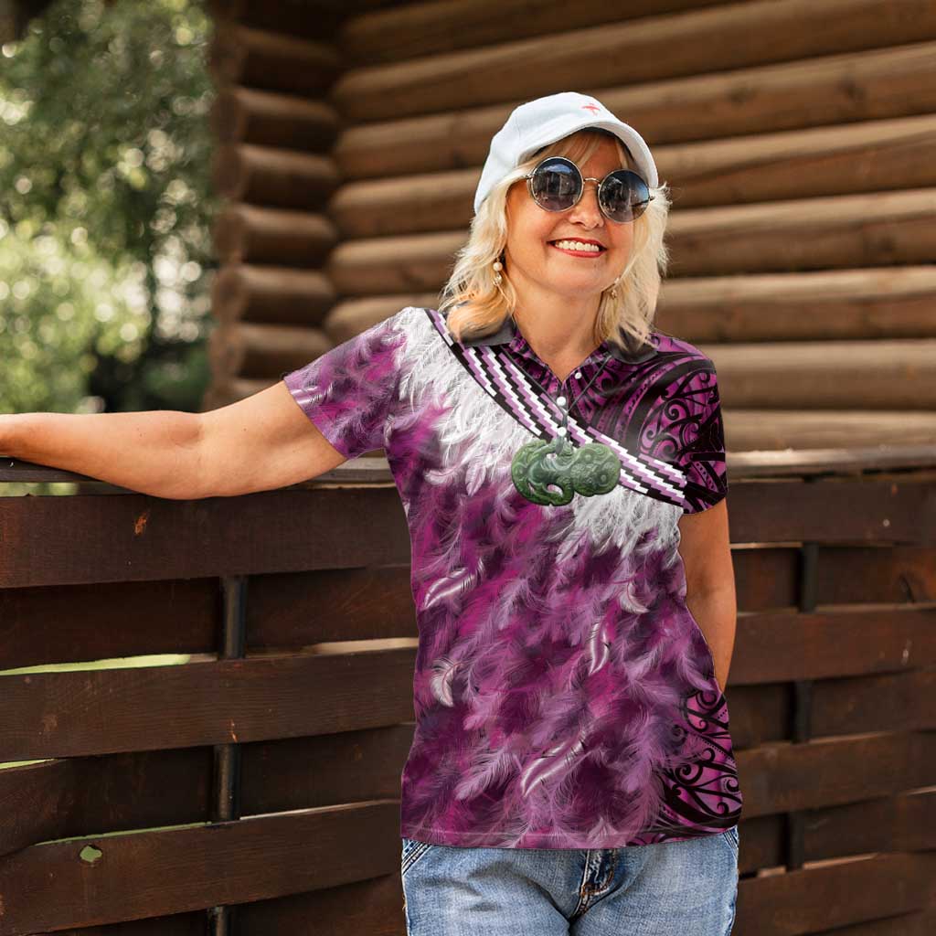 Pink Traditional Cloak Aotearoa Women Polo Shirt Maori Paua Shell Korowai Pattern